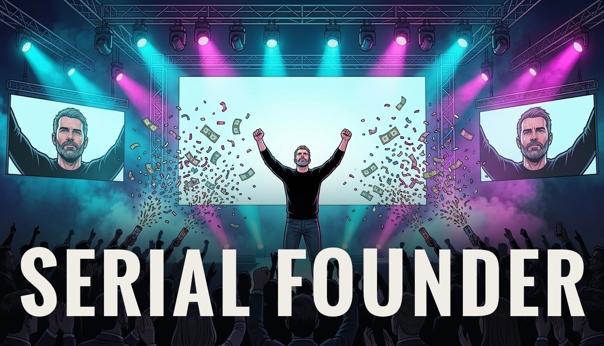 Serial Founder — key art: a founder celebrating on a keynote stage under money confetti