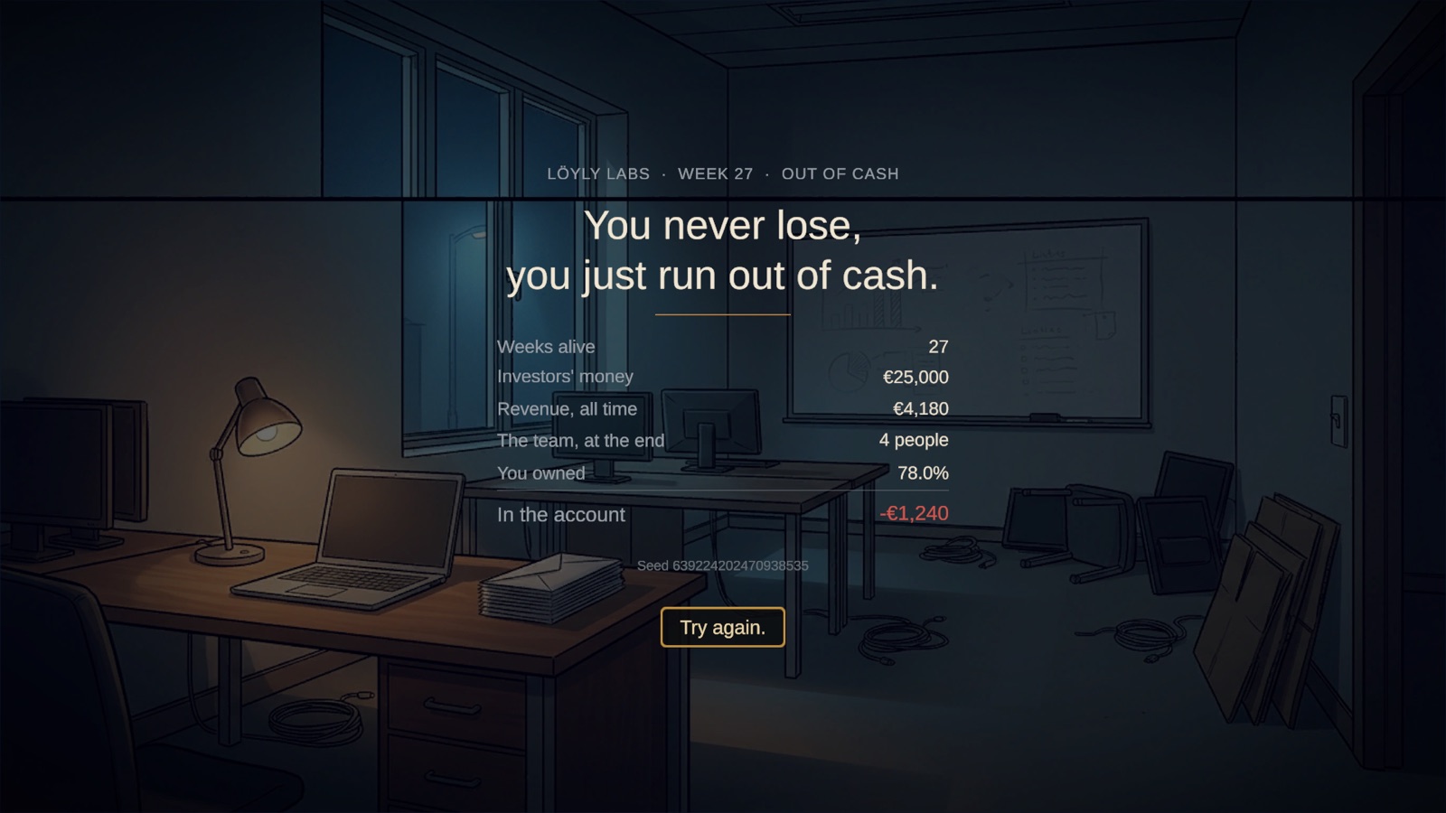 Screenshot: the run-over screen — a deadpan motto, a six-row ledger of what the company amounted to, and one button: Try again