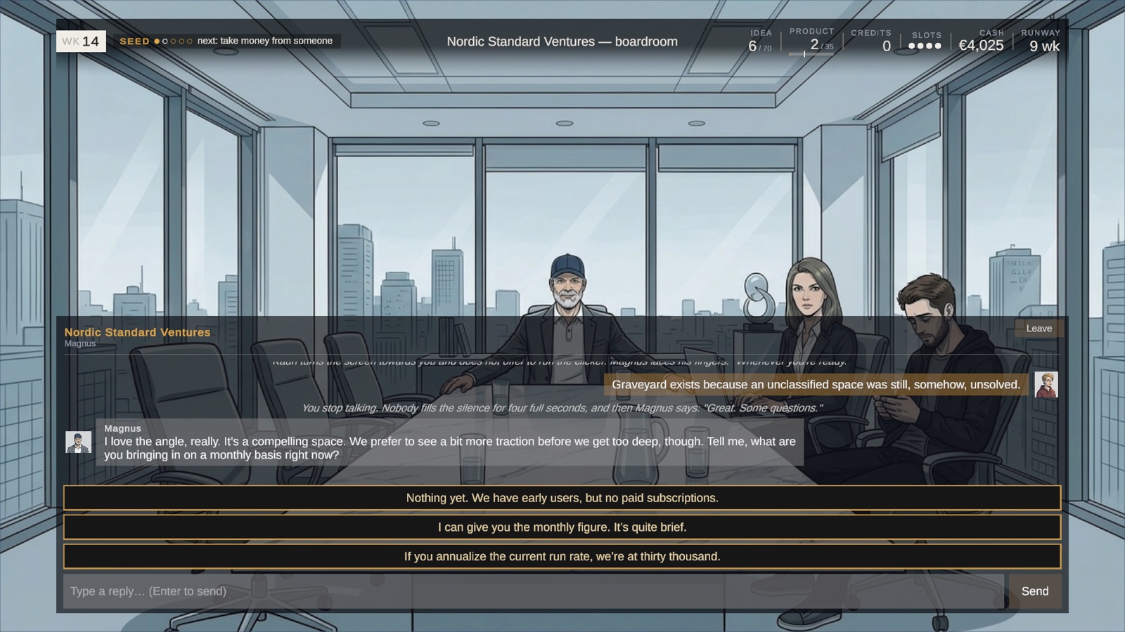 Screenshot: a VC boardroom grilling — a live investor question in a chat panel with suggested replies and free-text input
