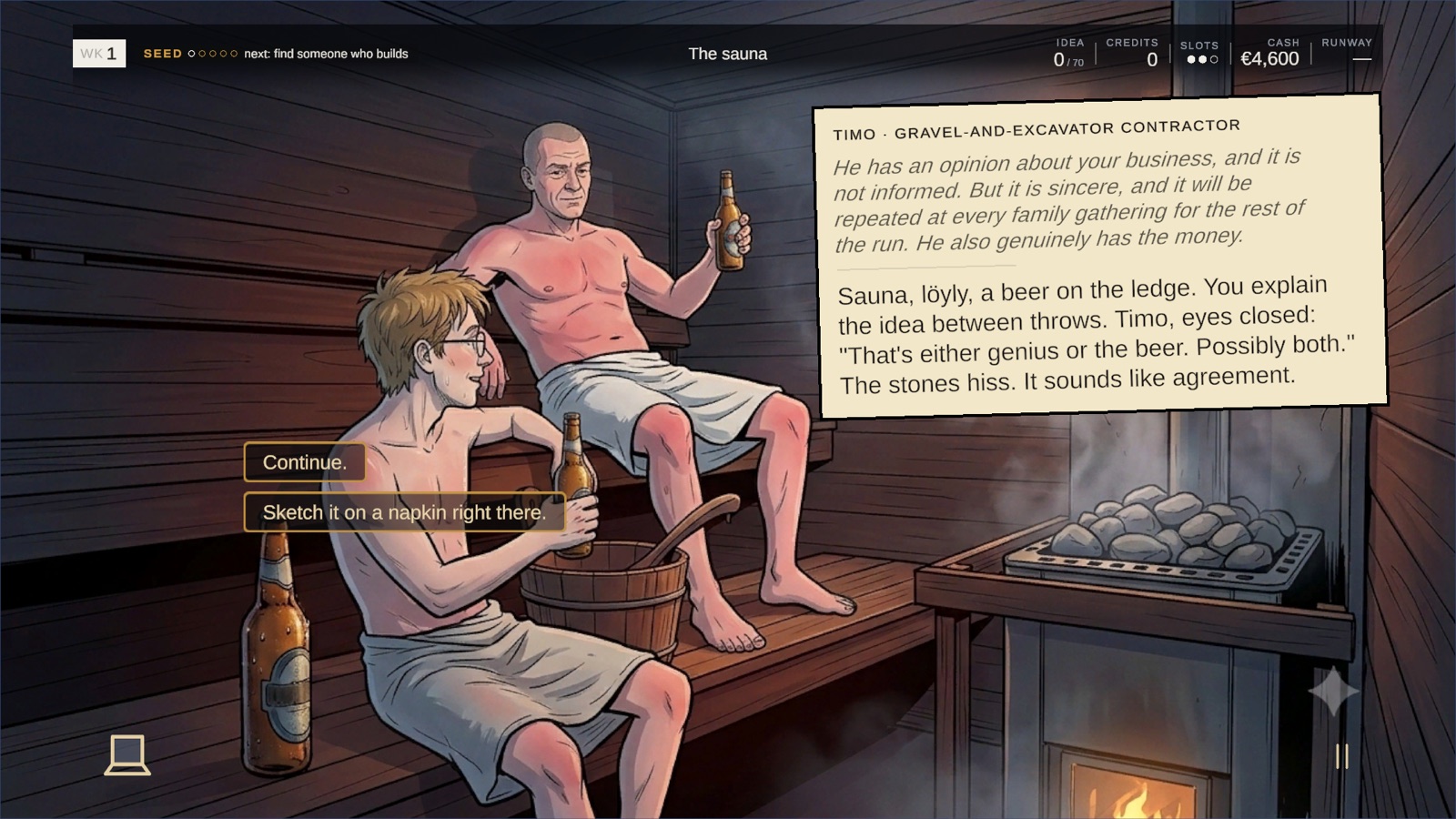 Screenshot: a story beat in the sauna, with a caption card and dialogue choices over illustrated room art
