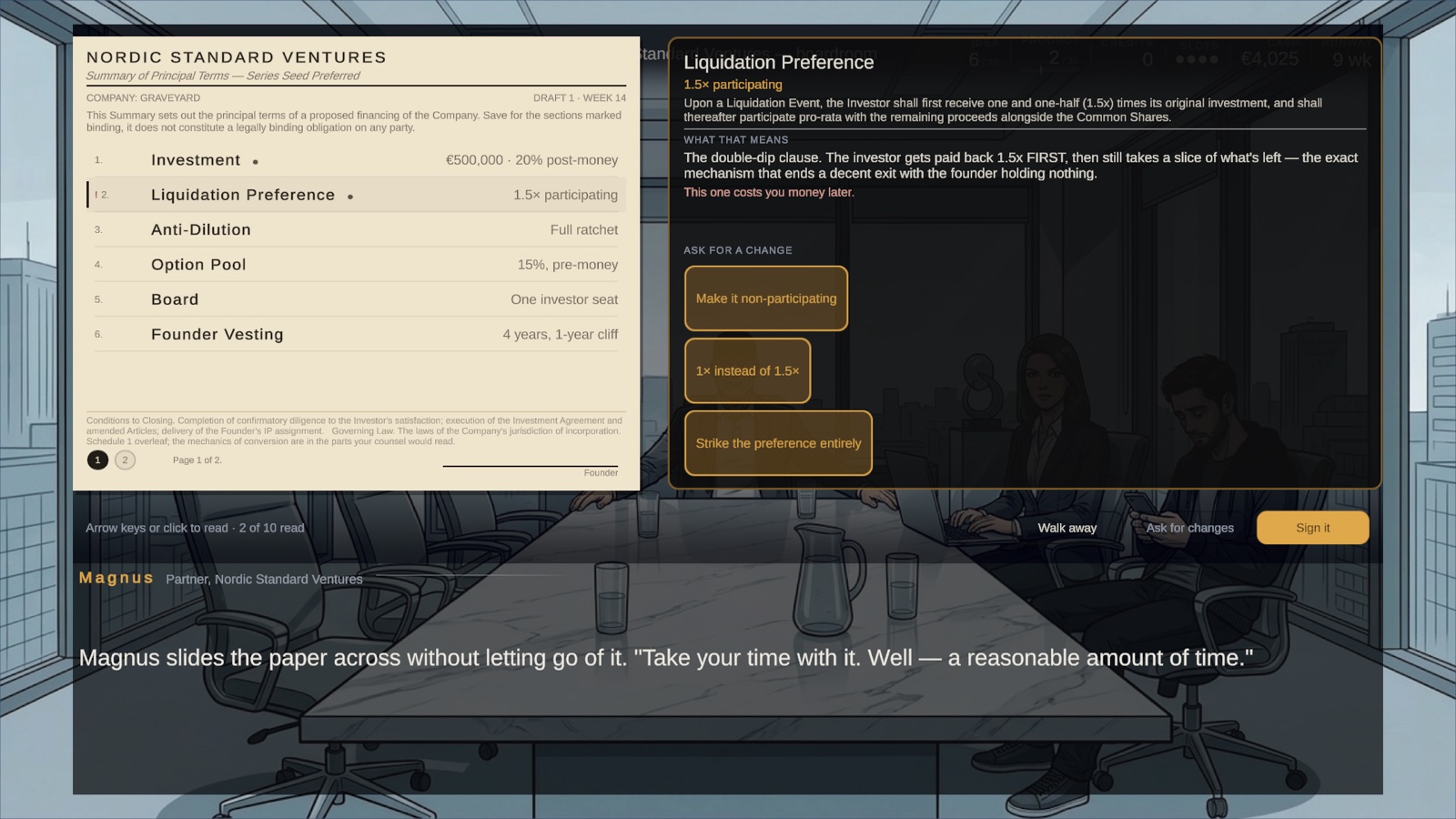 Screenshot: the term sheet as an A4 document, with a founder-hostile clause selected and explained in plain language